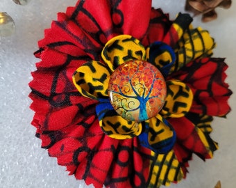 Vibrant 3 1/2' Inch Fabric Flower Pin or Pendant Kanzashi Kitenge Ankara