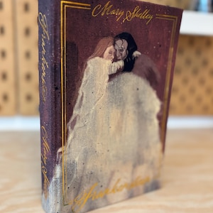 May include: A burgundy hardcover book with gold lettering and an illustration of two figures. The book's title, "Frankenstein," and author, Mary Shelley, are displayed. A green ribbon bookmark is visible.