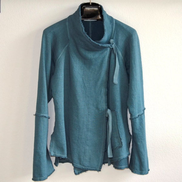 OCEAN  Hemp and organic cotton fleece wrap jacket - raglan sleeve wrap tie pattern series - ocean