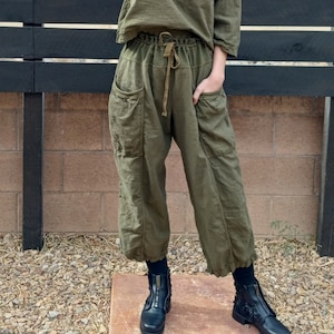 Hemp Organic Cotton Ankle Pant: Olive Green Woven Drawstring