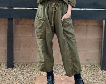 Hemp Organic Cotton Ankle Pant: Olive Green Woven Drawstring