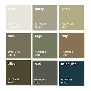 May include: A colour palette chart with nine colour swatches, each labelled with a colour name and Pantone colour code. The colours are: tofu, putty, khaki, bark, sage, clay, olive, lead, and midnight.