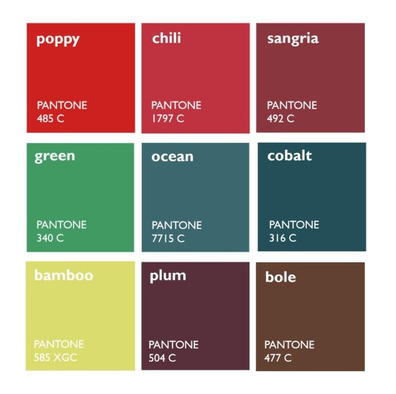 Puede incluir: Una carta de colores con nueve cuadrados que muestran diferentes tonos de rojo, verde, azul, amarillo y marr&oacute;n. Cada cuadrado tiene el nombre y el n&uacute;mero del color Pantone impreso debajo.