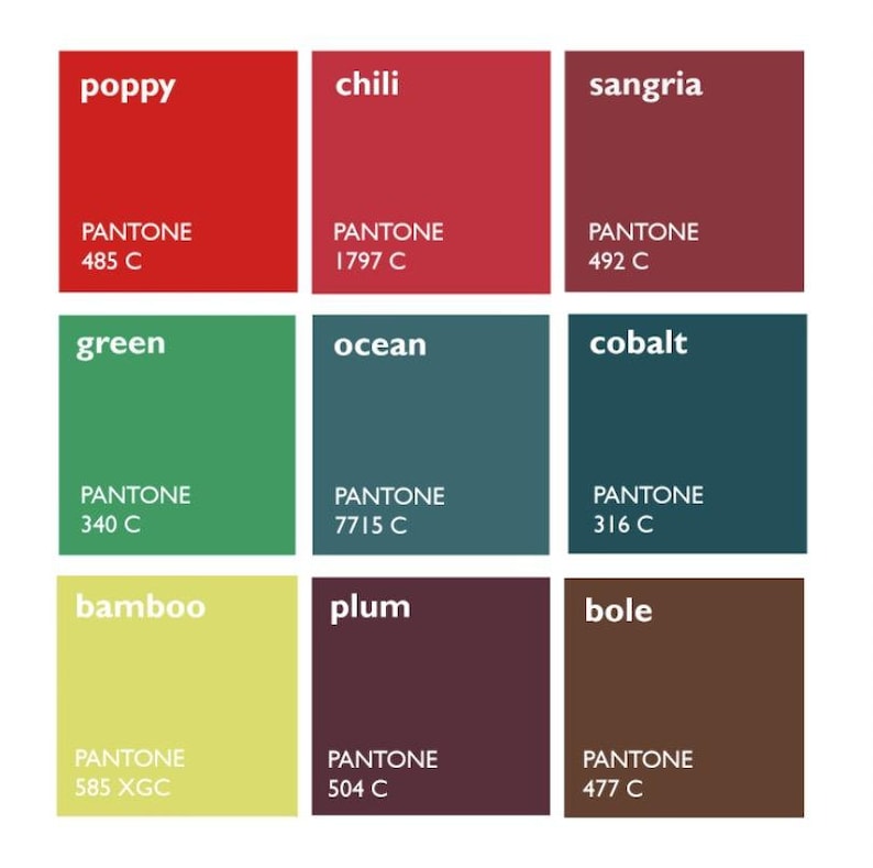 May include: A colour chart with nine squares showing different shades of red, green, blue, yellow, and brown. Each square has the Pantone colour name and number printed below it.