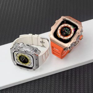 Kit de modificación de lujo para Apple Watch Ultra 2 de 49 mm con caja de acero inoxidable para iWatch 9, 8, 7, 6 de 45 mm y 44 mm con botón de cristal y correa deportiva