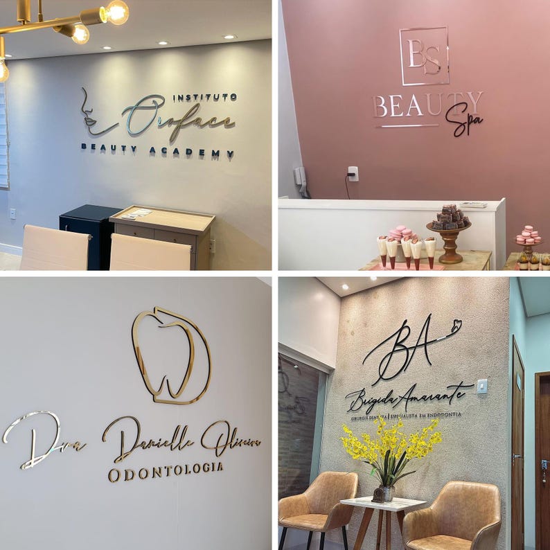 May include: Four different business signs with gold and silver lettering on a wall. The signs are for a beauty academy, a beauty spa, a dentist, and a dentist. The signs are all in a modern style.