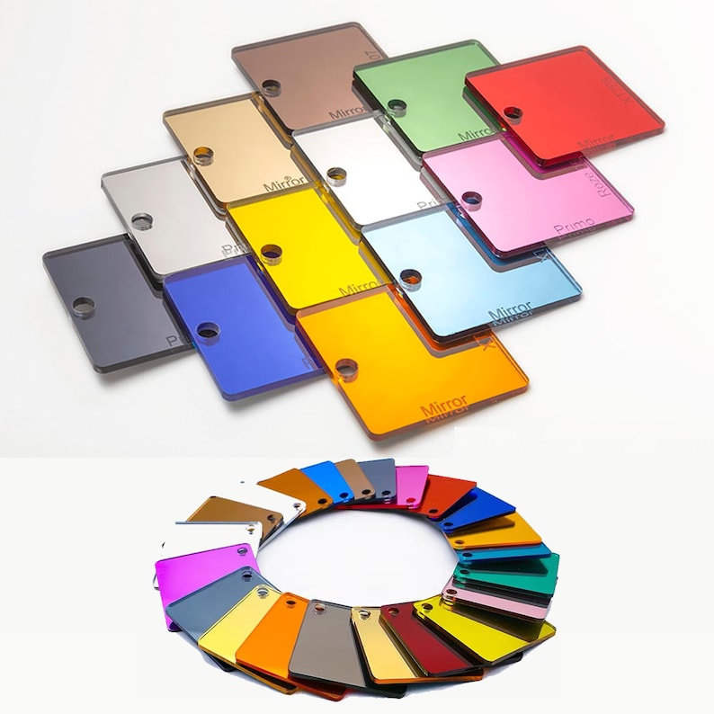 May include: Assortment of colored acrylic mirror sheets. The sheets are arranged in a pattern, with some overlapping. The sheets are all square and have a smooth, reflective surface. The colors include red, pink, blue, green, yellow, orange, silver, gold, and black.