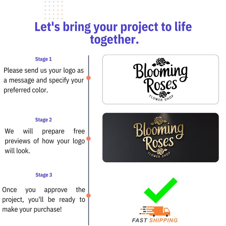May include: A three-step process for creating a logo. Stage 1: Send your logo as a message and specify your preferred color. Stage 2: We will prepare free previews of how your logo will look. Stage 3: Once you approve the project, you'll be ready to make your purchase. The image shows a logo for "Blooming Roses Flower Shop" in black and gold.