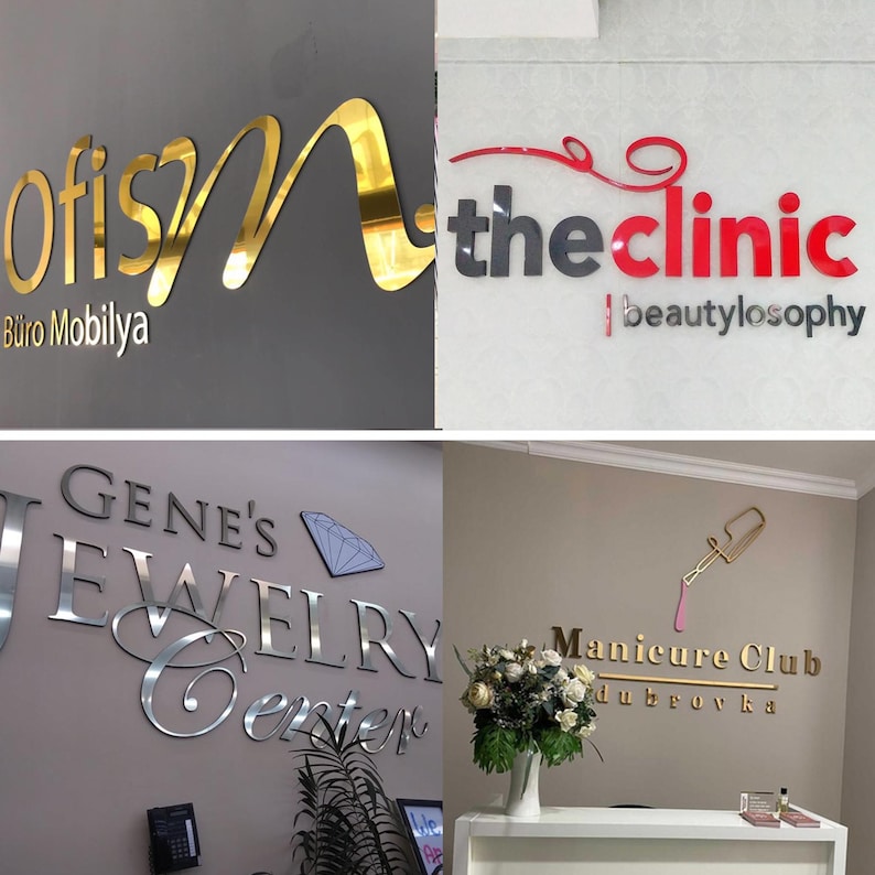 May include: Four business storefronts with gold and silver lettering. The first storefront is for a furniture store called "Ofis M" with the text "Buro Mobilya" below. The second storefront is for a beauty clinic called "the clinic" with the text "beautylosophy" below. The third storefront is for a jewelry store called "Gene's Jewelry Center". The fourth storefront is for a nail salon called "Manicure Club dubrovka".