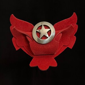 May include: A silver star-shaped pin with a red felt background. The pin is shaped like a pair of wings.