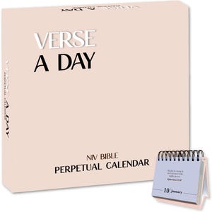 May include: A light pink NIV Bible perpetual calendar with the words "VERSE A DAY" in white and black. A smaller, open calendar displays a daily verse and the date "10 January".