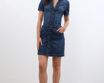 forenza denim dress Vtg FORENZA Button Front Denim Dress W/ Drawstring Waist Women's Size 12 Pockets