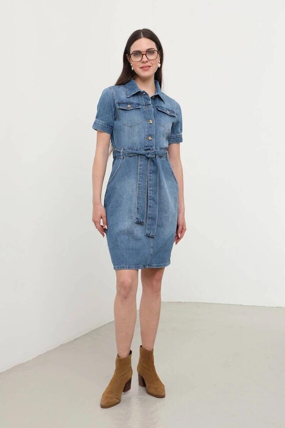 Banny Jeans Kadn Ksa Kol Jean Elbise