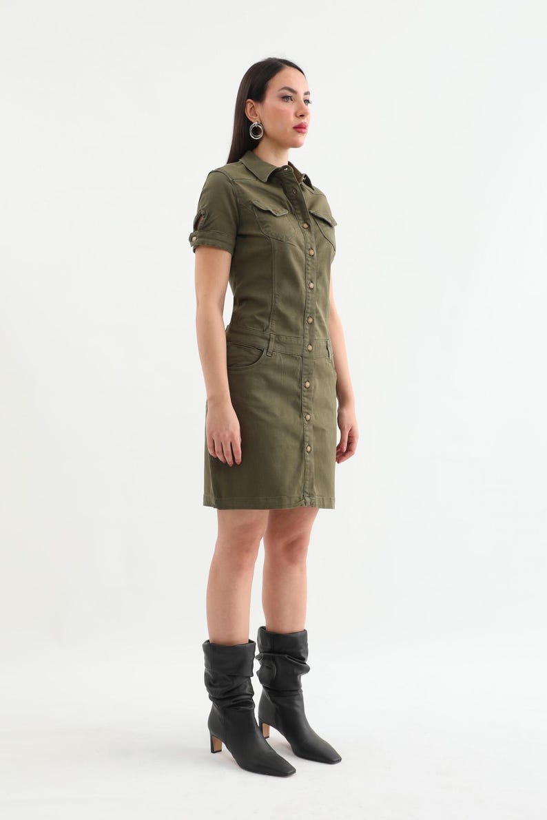 13063 Khaki Stud Button Shirt Dress