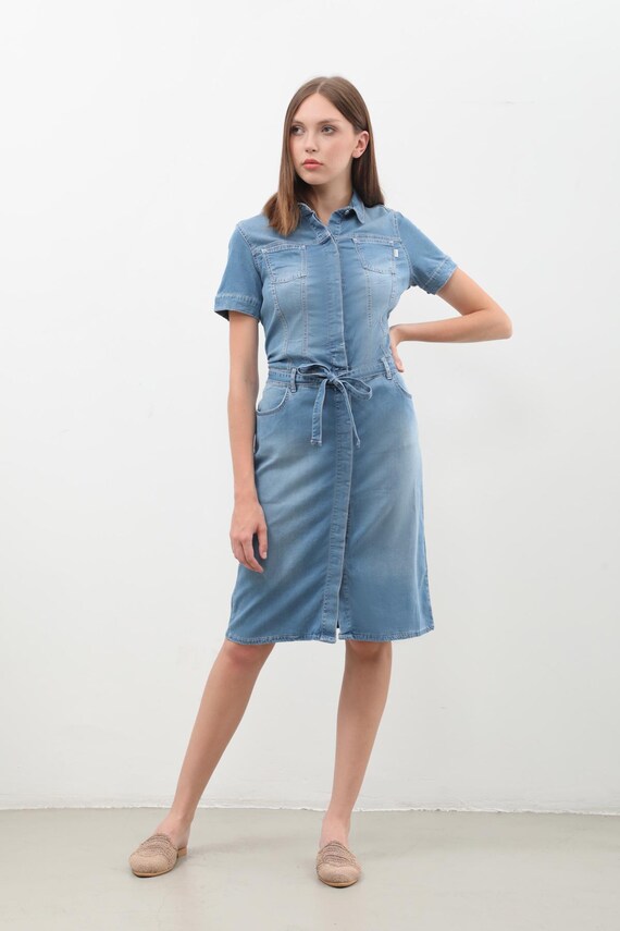 Women's Belt Detailed Buttoned Short Jean Dress