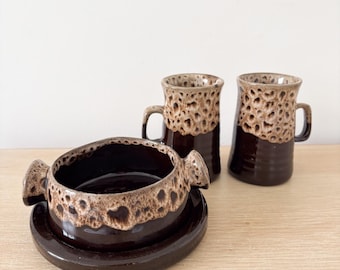 Vintage Fosters Pottery Soup Bowl and Mugs Set: Honeycomb Drip Glaze Mid Century