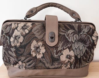 Vintage Manfield Cumbria Brown Tonal Floral Jacquard Doctor Bag Faux Leather Whimsygoth