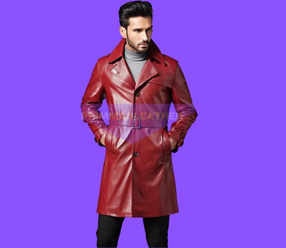 Herren Premium Roter Leder Trenchcoat