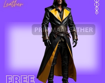 Black Cow Leather Hooded Coat: Gothic Cosplay Costume