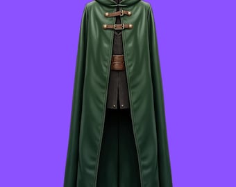 Elegant Green Leather Cloak with Buckle Fastenings- Steampunk Style Cloak