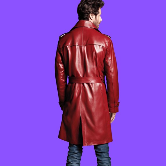 Roter Leder-Trenchcoat für Herren Zweireihiger Herrenmantel mit