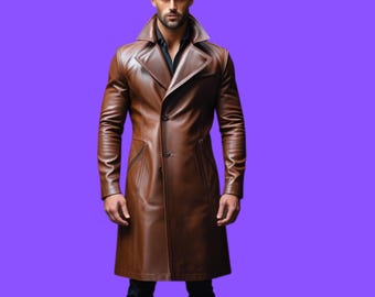Men's Premium Brown Leather Trench Coat