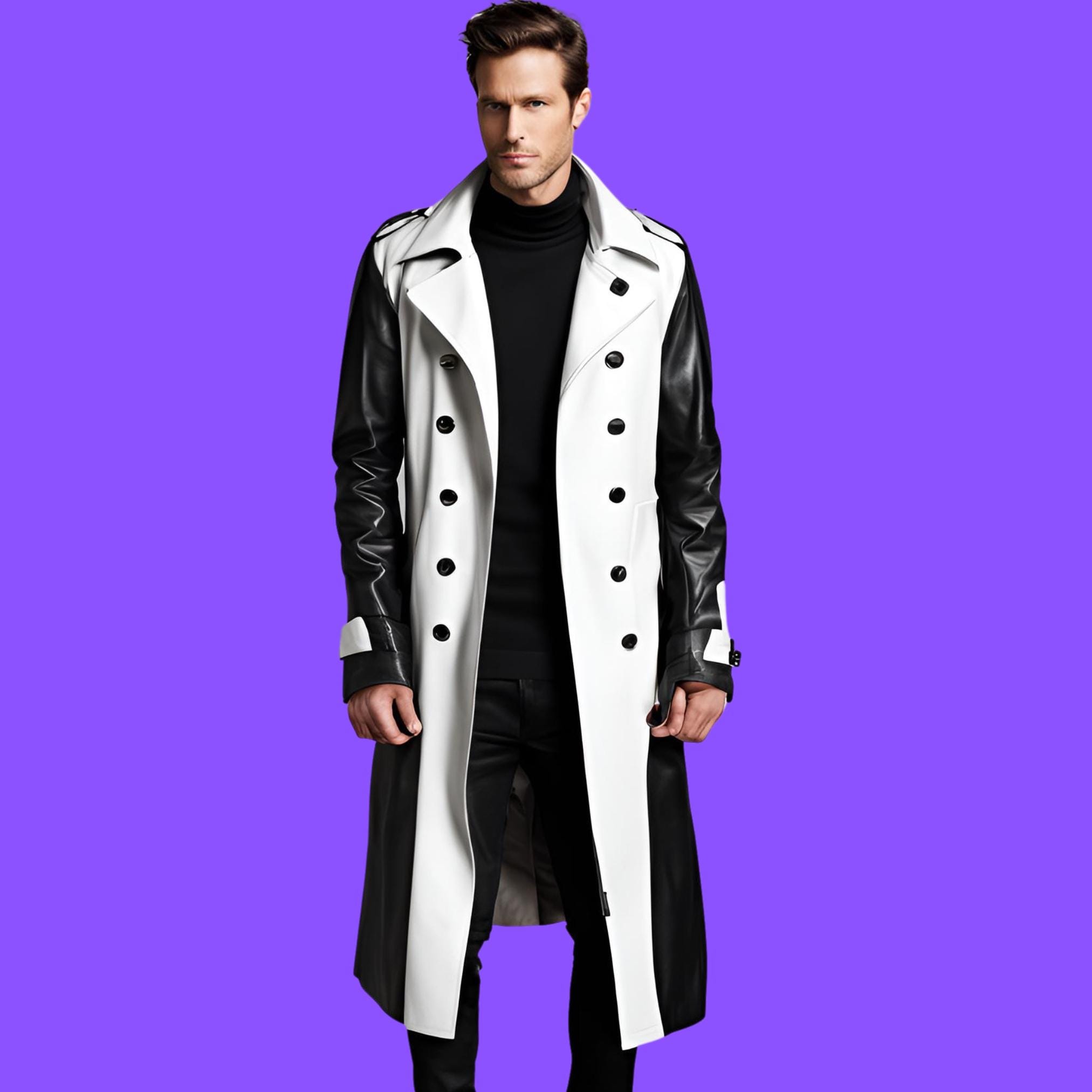 Men's Black and White Leather Trench Coat - Bold Bicolor Men's Black and White Leather Trench Coat - Bold Bicolor