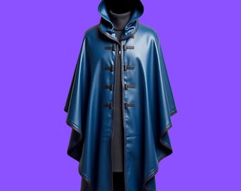 Lussuoso mantello con cappuccio in pelle blu - mantello in stile gotico moderno