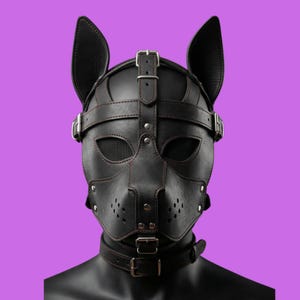 May include: Black leather pup mask with attached ears, eye mesh, and nose holes. The mask features adjustable straps with silver buckles and a matching collar. Red stitching accents the edges of the mask and collar.