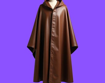 Lussuoso mantello con cappuccio in pelle marrone - mantello in stile rinascimentale