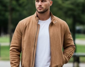 Chaqueta bomber de piel auténtica: abrigo de ante hecho a mano – Chaqueta urbana color canela para hombre