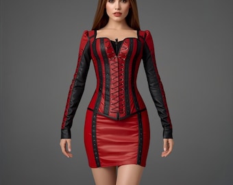 Red and Black Leather Corset Costume : Handmade Leather Women Dress – Gothic Punk Fashion