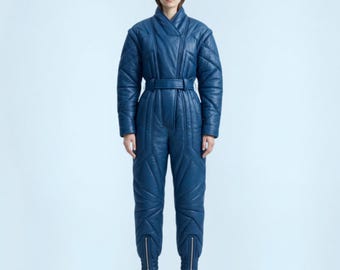 Blue Genuine Leather Quilted Jumpsuit -  Handmade Leather Overall -  Belted Leather Suit - Winter Leather Outfit