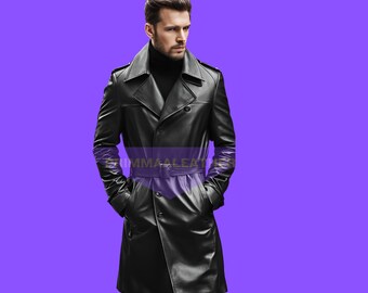 Gabardina negra de cuero genuino para hombre: doble botonadura y cinturón.
