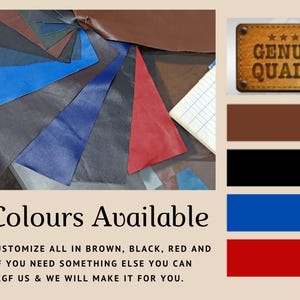 Pu&ograve; includere: Un assortimento di campioni di pelle in marrone, nero, blu e rosso. Il testo "All Colours Available" &egrave; in fondo all'immagine. Il testo "GENUINE QUALITY" &egrave; in un rettangolo di pelle marrone con stelle.