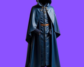 Luxurious Blue Leather Hooded Cloak with Fur Collar