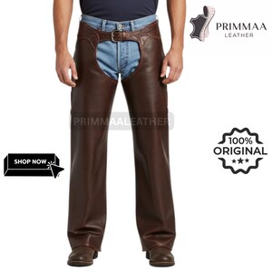 Western Leather Chaps for Men-Outlaw Heritage Chaps-Brown Leather Chaps-Distressed Leather for Style Rebels-Handcrafted for Real Riders&quot;