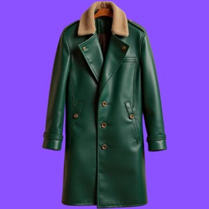 Lussuoso cappotto in pelle verde con collo in pelliccia