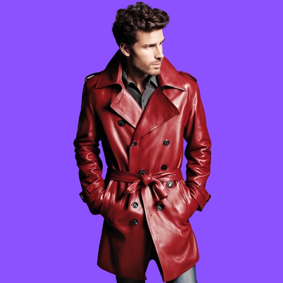 Roter Leder-Trenchcoat für Herren Zweireihiger Herrenmantel mit