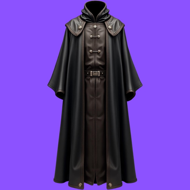 Pu&ograve; includere: Un lungo mantello di pelle nera con fodera in pelle marrone e dettagli metallici decorativi. Il mantello ha un colletto alto e un cappuccio.