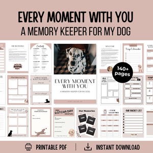 Op de afbeelding: Een printbaar PDF-herinneringsboek voor een hond getiteld Every Moment With You, met meer dan 140 pagina's aan sjablonen, waaronder een geboortecertificaat, bucketlist, gewoonte-tracker en fotopagina's, uitgevoerd in een roze en wit kleurenschema.