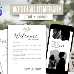 Hochzeit Reiseplan | Hochzeit Timeline und Menü | Leinwand | Bearbeitbare, druckbare Vorlage | Hochzeitsplaner Digital | Sofort Download