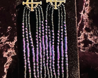 GHOST-band - franjeoorbellen met kralen en spike - aquapaars/zwart/grijs