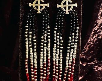 GHOST-band - franjeoorbellen met kralen en spike - rood/zwart/grijs