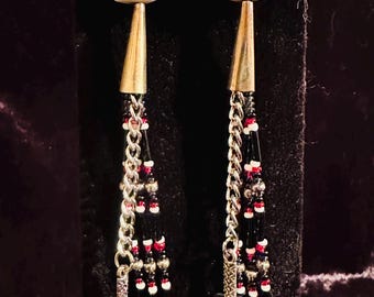 Handmade Beaded Earrings with Skull and Sword – Black, White, Red Fringes
