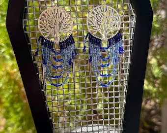 Tree of life earrings with beaded fringe
