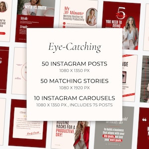 Może przedstawiać: Kolaż czerwono-białych szablon&oacute;w post&oacute;w na Instagramie z nakładkami tekstowymi. Tekst zawiera: "Eye-Catching", "50 post&oacute;w na Instagramie", "1080 x 1350 px", "50 pasujących historii", "1080 x 1920 px", "10 karuzeli na Instagramie", "1080 x 1350 px, zawiera 75 post&oacute;w", "Czy wiesz, że?", "60% ludzi twierdzi, że bardziej prawdopodobne jest, że zaufają marce, kt&oacute;rą widzą w mediach społecznościowych regularnie", "Moja 30-minutowa poranna rutyna zwiększająca produktywność", "5 rzeczy, kt&oacute;re musisz przestać robić", "Często zadawane pytania", "Wkr&oacute;tce", "Zapanuj nad swoim nastawieniem, zapanuj nad swoim biznesem", "Rutynowe wskaz&oacute;wki, aby dzień był produktywny!", "Aby naprawdę zbudować firmę, kt&oacute;ra jest zgodna z twoimi celami życiowymi, a nie tylko z celami zawodowymi.", "Każdy dzień przybliża cię do twoich cel&oacute;w."