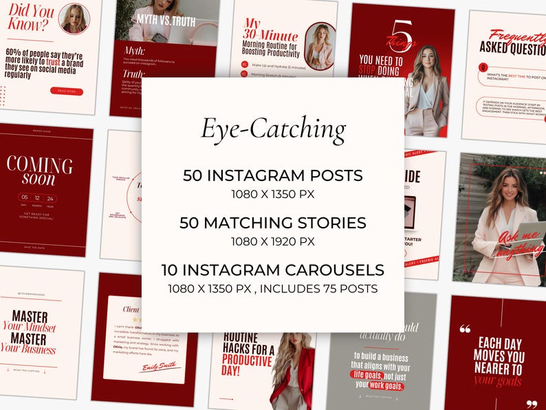 Może przedstawiać: Kolaż czerwono-białych szablon&oacute;w post&oacute;w na Instagramie z nakładkami tekstowymi. Tekst zawiera: "Eye-Catching", "50 post&oacute;w na Instagramie", "1080 x 1350 px", "50 pasujących historii", "1080 x 1920 px", "10 karuzeli na Instagramie", "1080 x 1350 px, zawiera 75 post&oacute;w", "Czy wiesz, że?", "60% ludzi twierdzi, że bardziej prawdopodobne jest, że zaufają marce, kt&oacute;rą widzą w mediach społecznościowych regularnie", "Moja 30-minutowa poranna rutyna zwiększająca produktywność", "5 rzeczy, kt&oacute;re musisz przestać robić", "Często zadawane pytania", "Wkr&oacute;tce", "Zapanuj nad swoim nastawieniem, zapanuj nad swoim biznesem", "Rutynowe wskaz&oacute;wki, aby dzień był produktywny!", "Aby naprawdę zbudować firmę, kt&oacute;ra jest zgodna z twoimi celami życiowymi, a nie tylko z celami zawodowymi.", "Każdy dzień przybliża cię do twoich cel&oacute;w."
