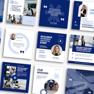 May include: A collection of square social media graphics in shades of blue and white. Each graphic features text, a headshot of a woman, and design elements. Topics include business consulting, leadership, and event promotion.