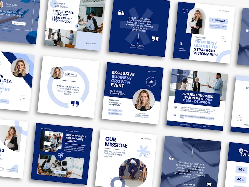 May include: A collection of square social media graphics in shades of blue and white. Each graphic features text, a headshot of a woman, and design elements. Topics include business consulting, leadership, and event promotion.